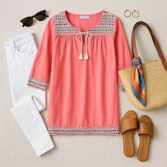 J. McLaughlin Embroidered Tassel Tunic Top XS Coral Pink Beachy Casual - Picture 2 of 10